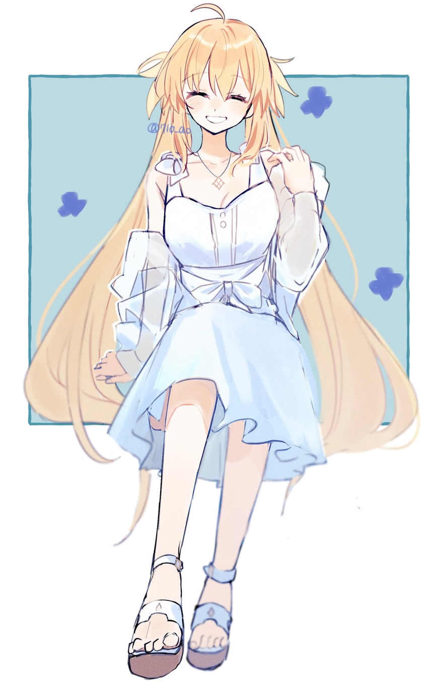 Fate/Grand Order、Fate系列、阿尔托莉雅·卡斯特 (Fate) 1名女孩 呆毛 作者名 露肩 金发
