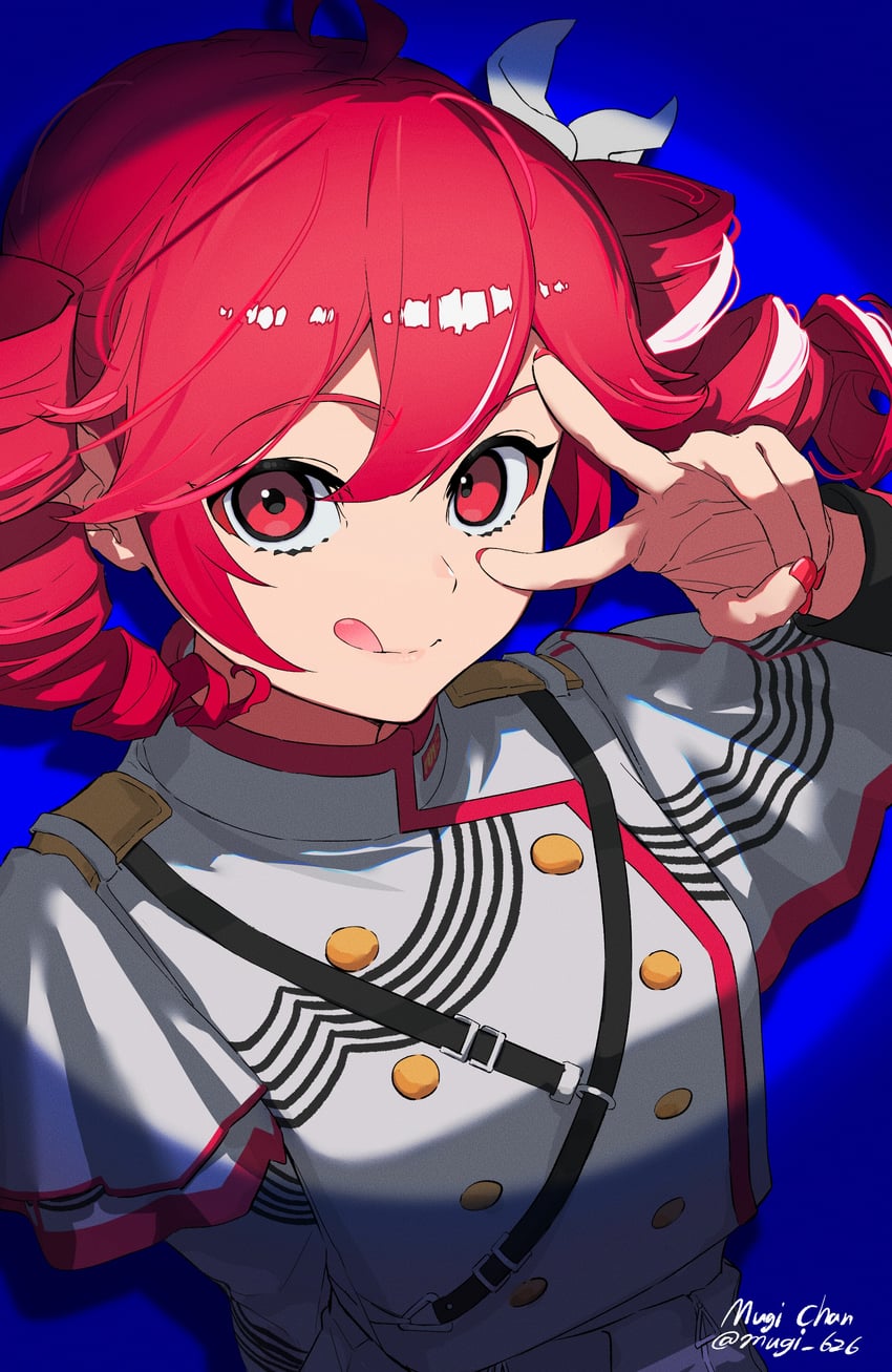 Synthesizer V、UTAU、重音Teto 1名女孩 呆毛 作者名 蓝色背景 蝴蝶结