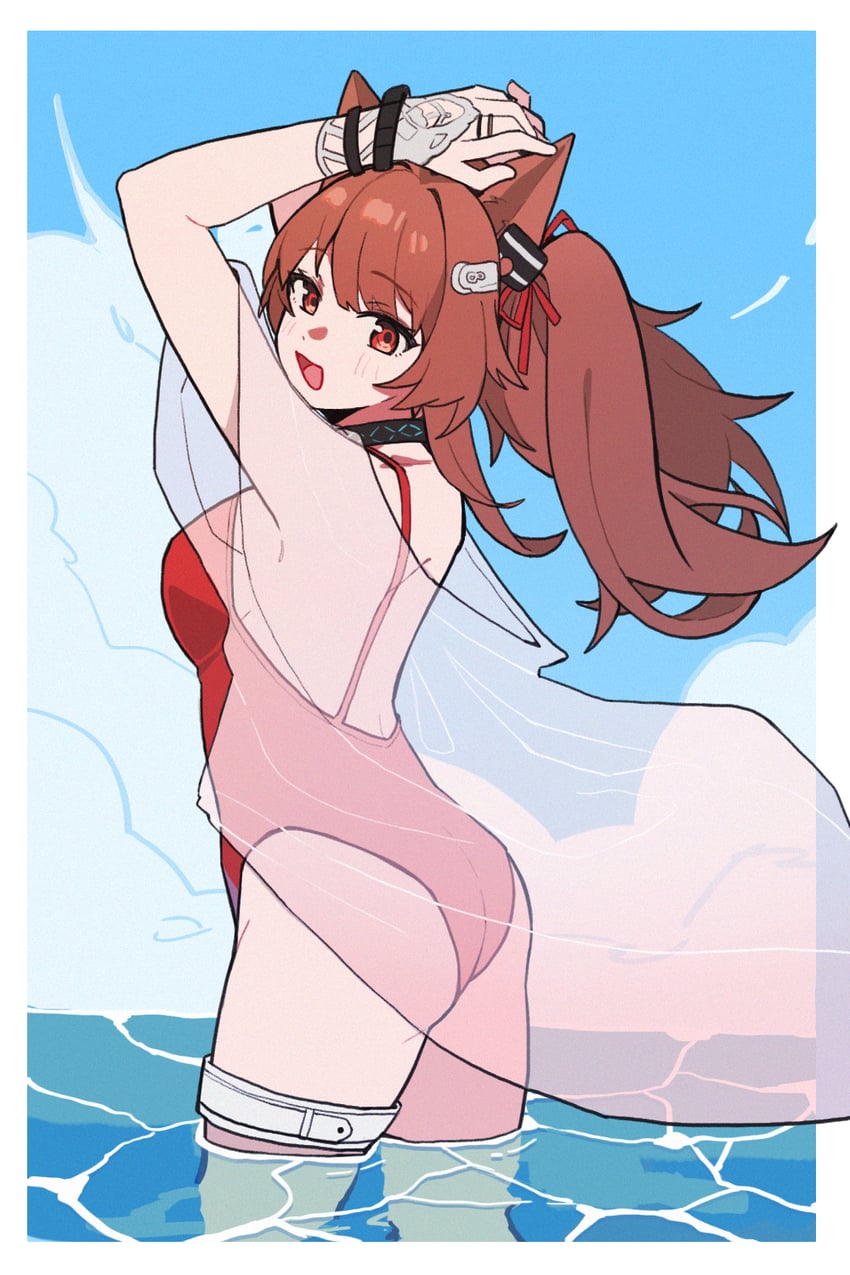 明日方舟、安洁莉娜 (明日方舟)、安洁莉娜 (夏卉) (明日方舟) 1名女孩 :D 兽耳 背影 露背泳装