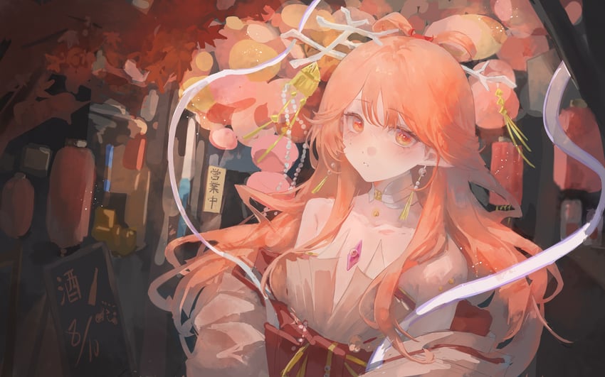 明日方舟、榛果 (明日方舟)、遥 (乌托邦游离) (明日方舟) 1名女孩 露肩 脸红 蝴蝶结发型 中国风服饰
