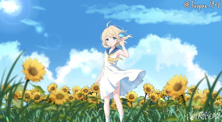 原创 1名女孩 呆毛 水色瞳 手臂放在侧边 裸臂