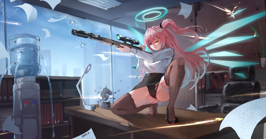 原创、安比尔 (明日方舟) 1名女孩 黑色内裤 黑色裙子 脱离的翅膀 能量之翼