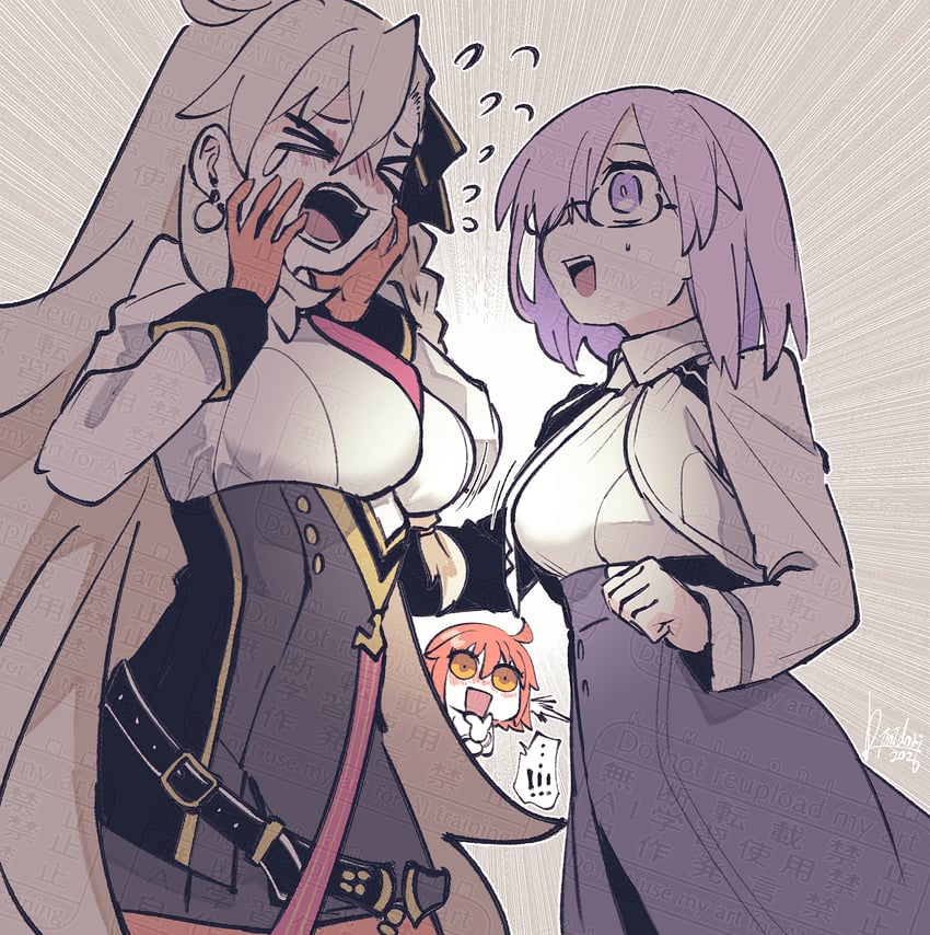 Fate/Grand Order、Fate系列、藤丸立香 (女性) 3人女子 闭眼挤眼 呆毛 黑色裙子 脸红