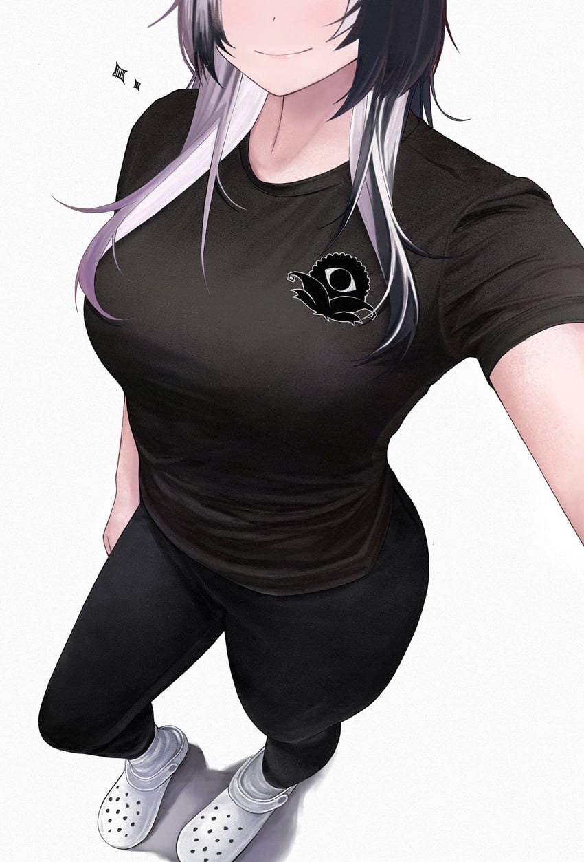 Hololive、Hololive英语、诗织·诺维拉 1名女孩 替换服装 手臂放在侧边 黑发 黑连裤袜