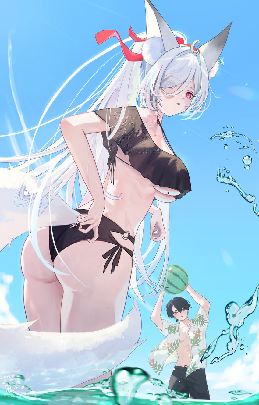 原创 1名男孩 1名女孩 整理衣服 调整泳装 兽耳