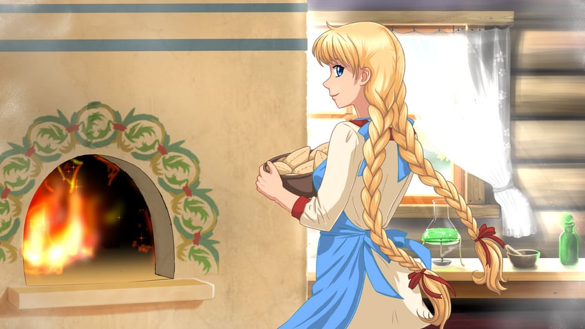 原创、斯拉薇雅酱 围裙 侧乳(后方视点) 金发 蓝色围裙 蓝眼