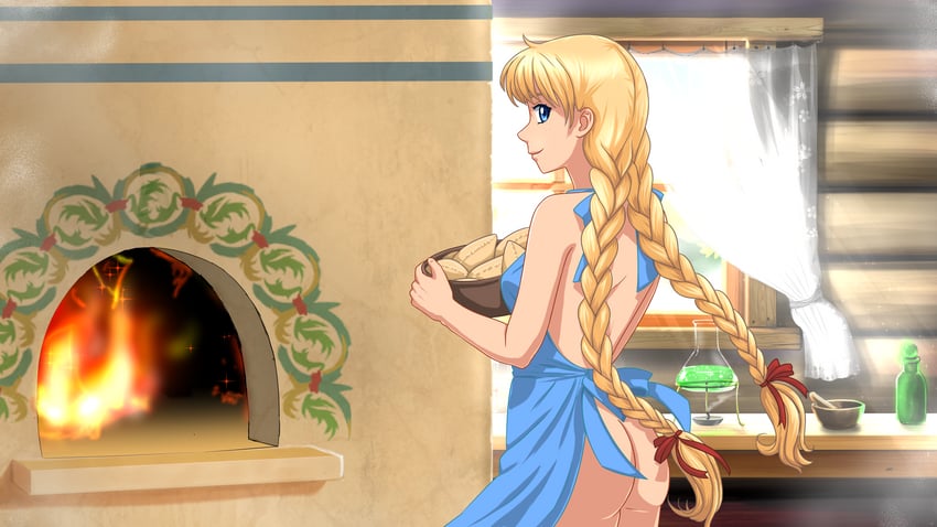 原创、斯拉薇雅酱 围裙 侧乳(后方视点) 金发 蓝色围裙 蓝眼