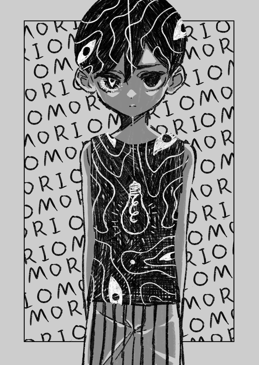OMORI、Omori (OMORI)、Something (Omori) 1名男孩 手放在身体两侧 黑瞳 黑发 黑色短裤