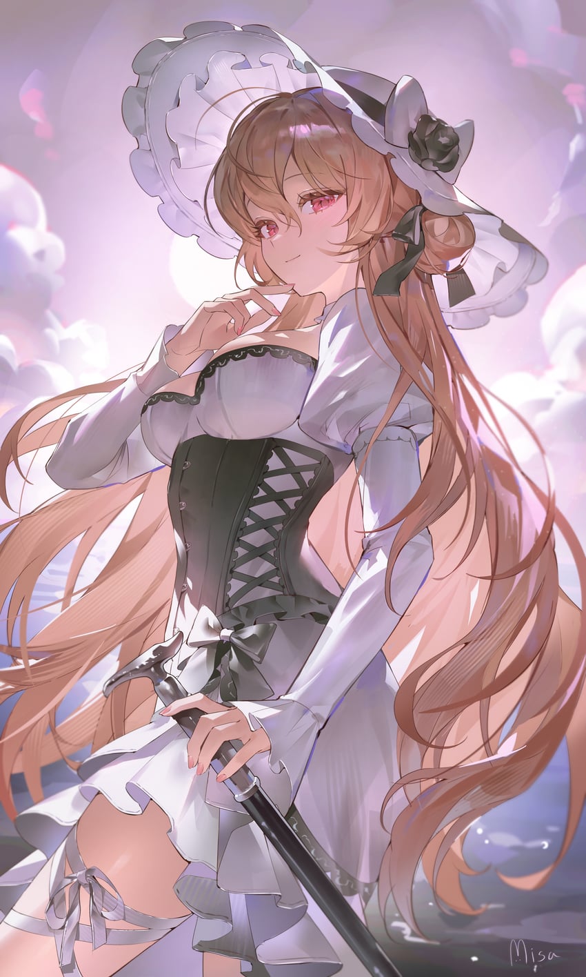 原创 1名女孩 黑色紧身胸衣 蝴蝶结 乳房 棕发