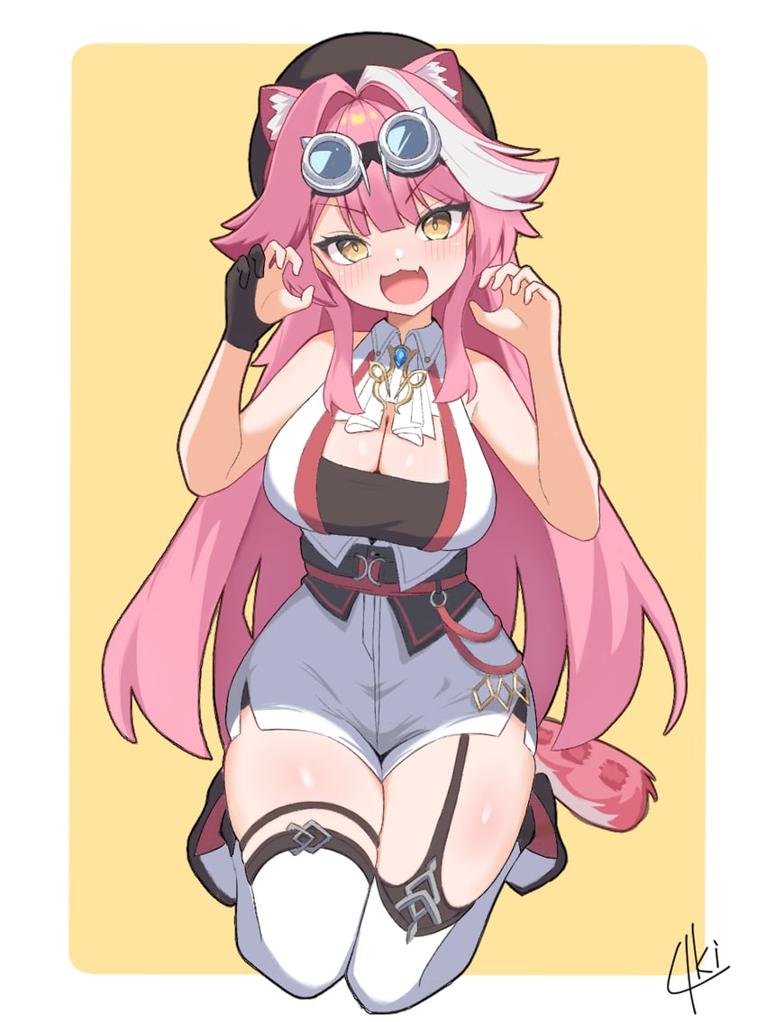 Hololive、Hololive英语、Raora Panthera (Hololive) 1名女孩 兽耳 阿斯科特领巾 露肩 贝雷帽