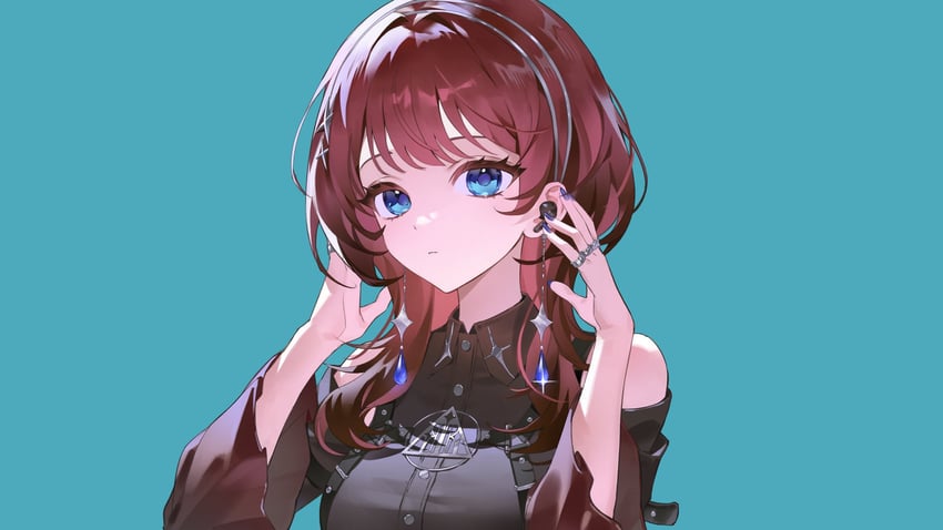 原创 1名女孩 露肩 蓝色背景 蓝眼 棕发