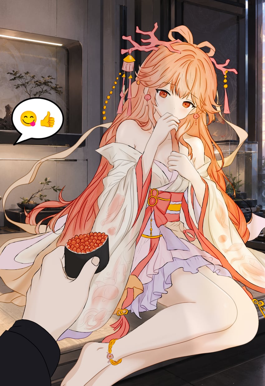 明日方舟、原创、榛果 (明日方舟) 1名女孩 脚踝丝带 露肩 赤脚 中国风服饰
