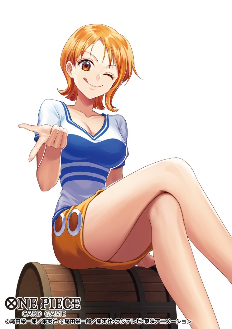 海贼王、海贼王卡牌游戏、娜美 (海贼王) 1名女孩 :q ;q (表情) 裸腿 乳房