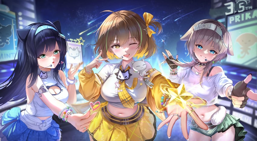 胜利女神：妮姬、阿尼斯(妮姬)、阿尼斯 (璀璨之星) (胜利女神：妮姬) 3人女子 黑发 金发 蓝眼 蓝裙子