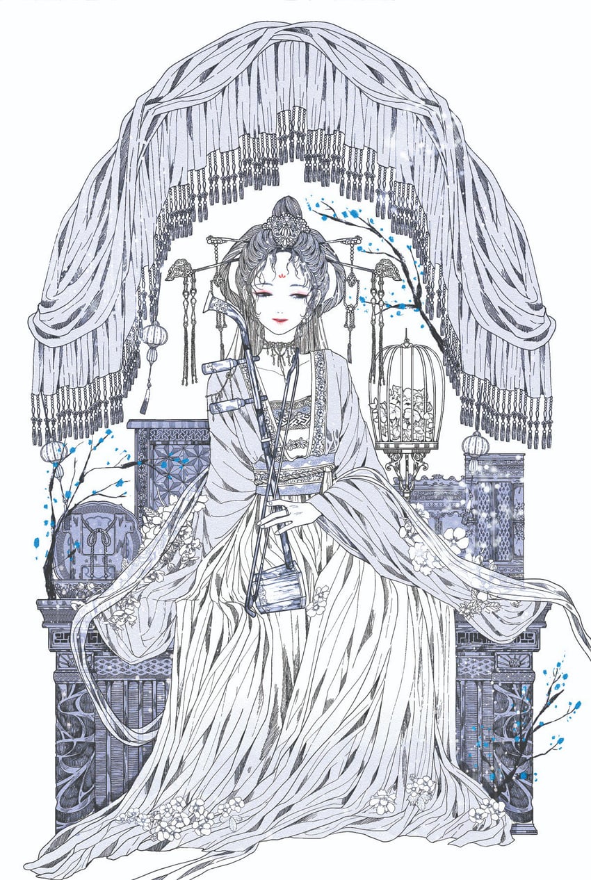 原创 1名女孩 鸟笼 琴弓 笼子 窗帘