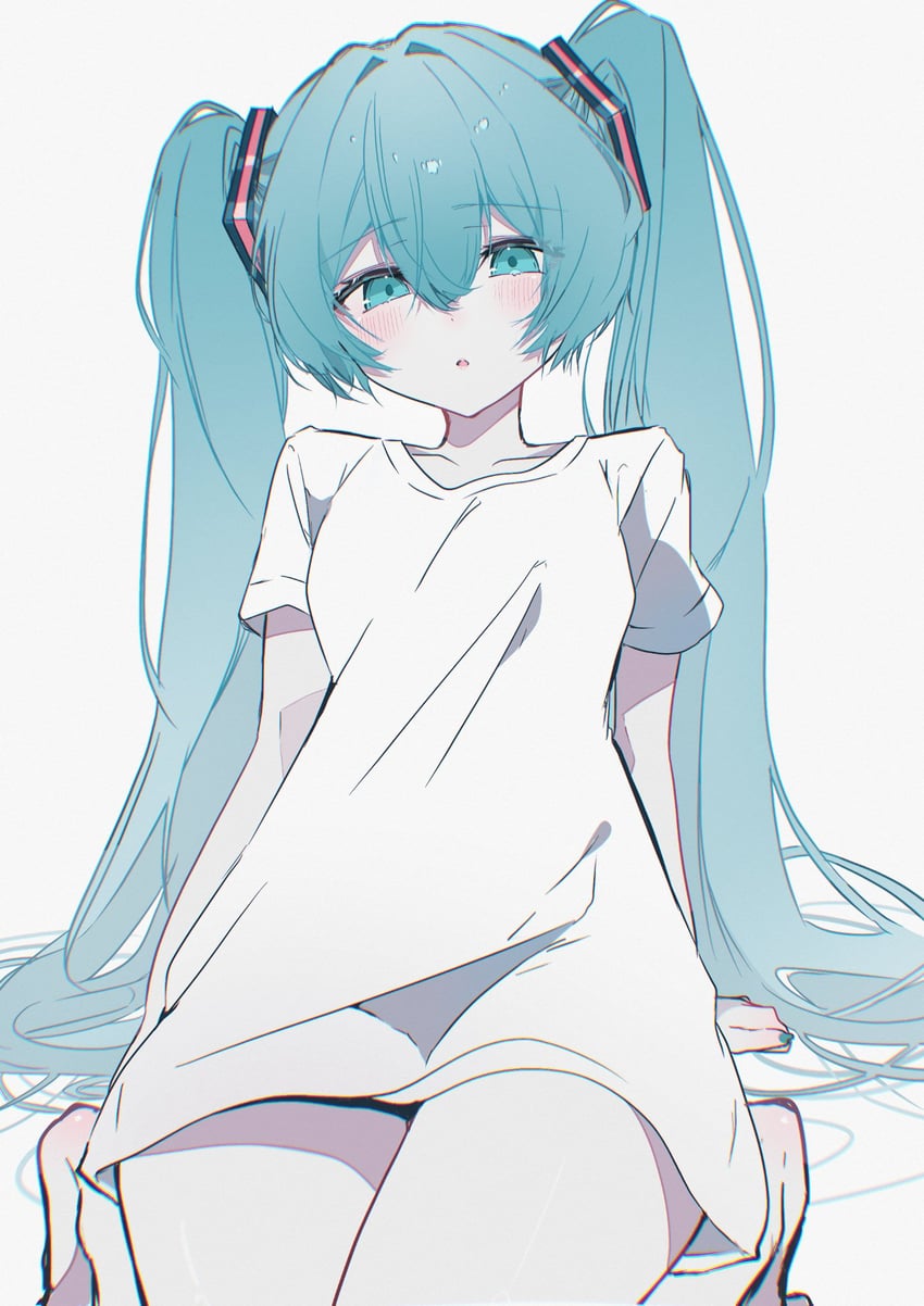 VOCALOID、初音未来 1名女孩 惊讶 水色瞳 水色发 水蓝色指甲