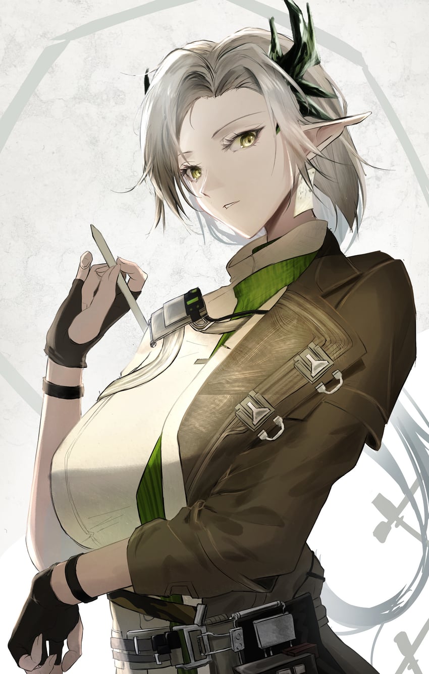 明日方舟、娜斯提 (明日方舟) 1名女孩 不对称角 女妖 棕色夹克 扣环