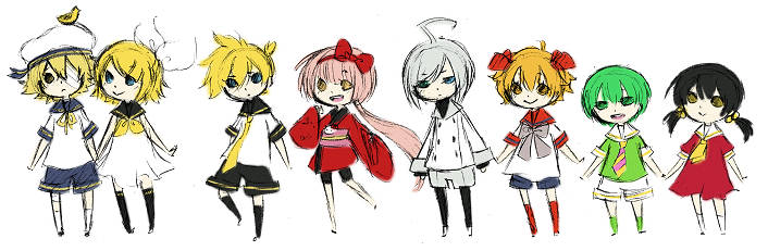 VOCALOID、詹姆斯 (Vocaloid)、歌爱雪 3人女子 4个男孩 幼化 呆毛 单眼绷带