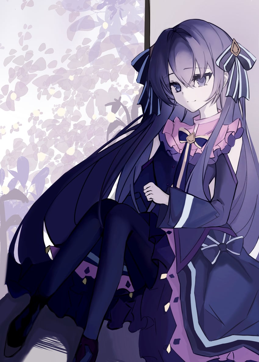 韵律源点 Arcaea、对立 (Arcaea) 1名女孩 露肩 围兜领 黑色连衣裙 黑发