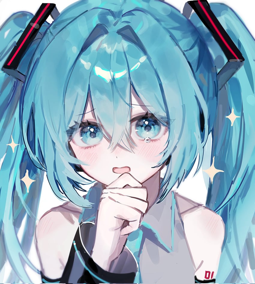 VOCALOID、初音未来 1名女孩 露肩 黑色袖子 蓝眼 蓝发