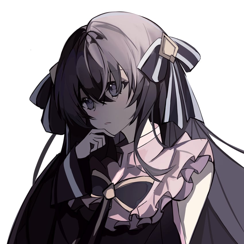 韵律源点 Arcaea、对立 (Arcaea) 1名女孩 露肩 围兜领 黑色连衣裙 黑发