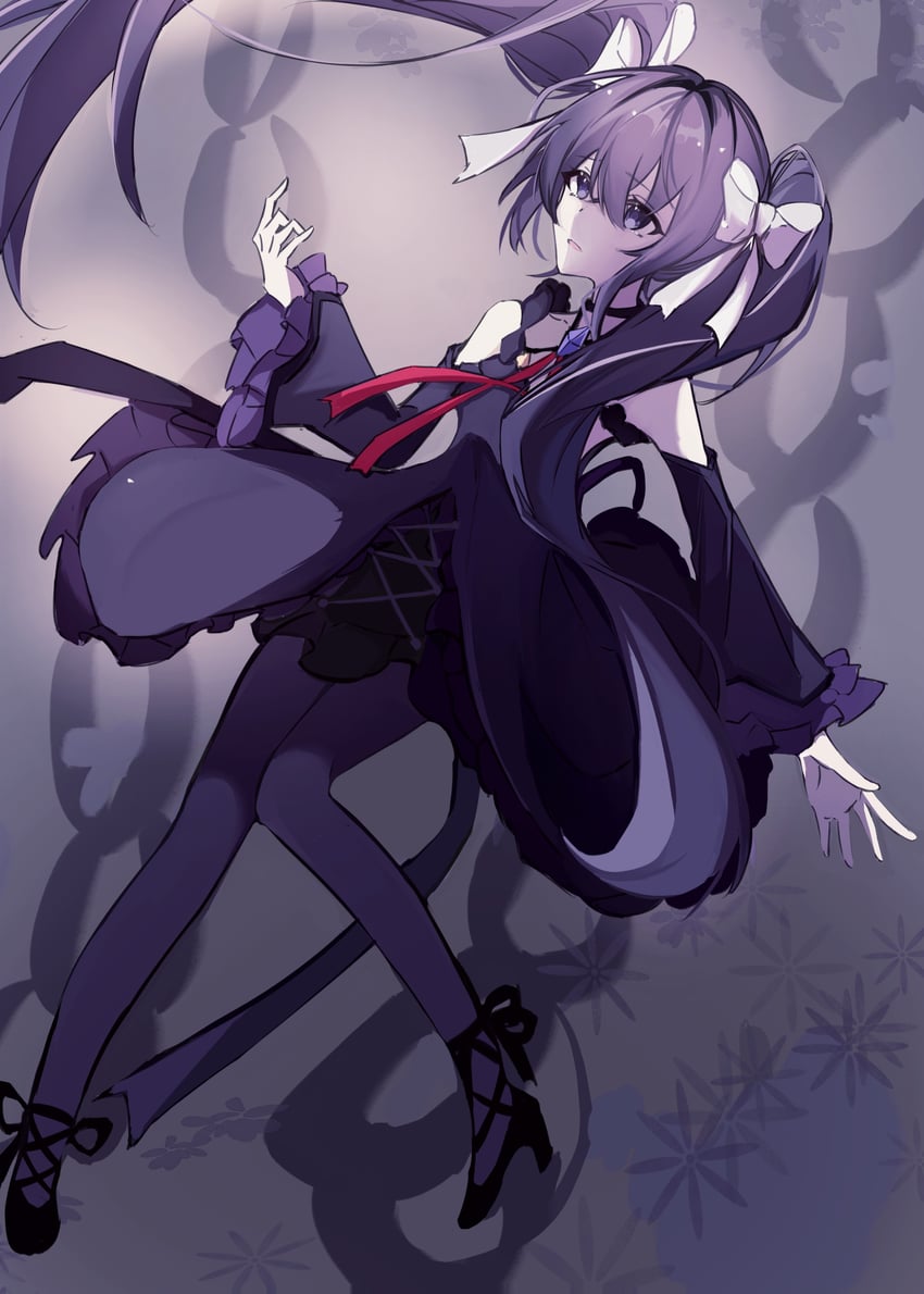韵律源点 Arcaea、黑发恶魔女孩 (Shimmer)、对立 (Arcaea) 1名女孩 露肩 黑色项圈 黑发 黑色连裤袜