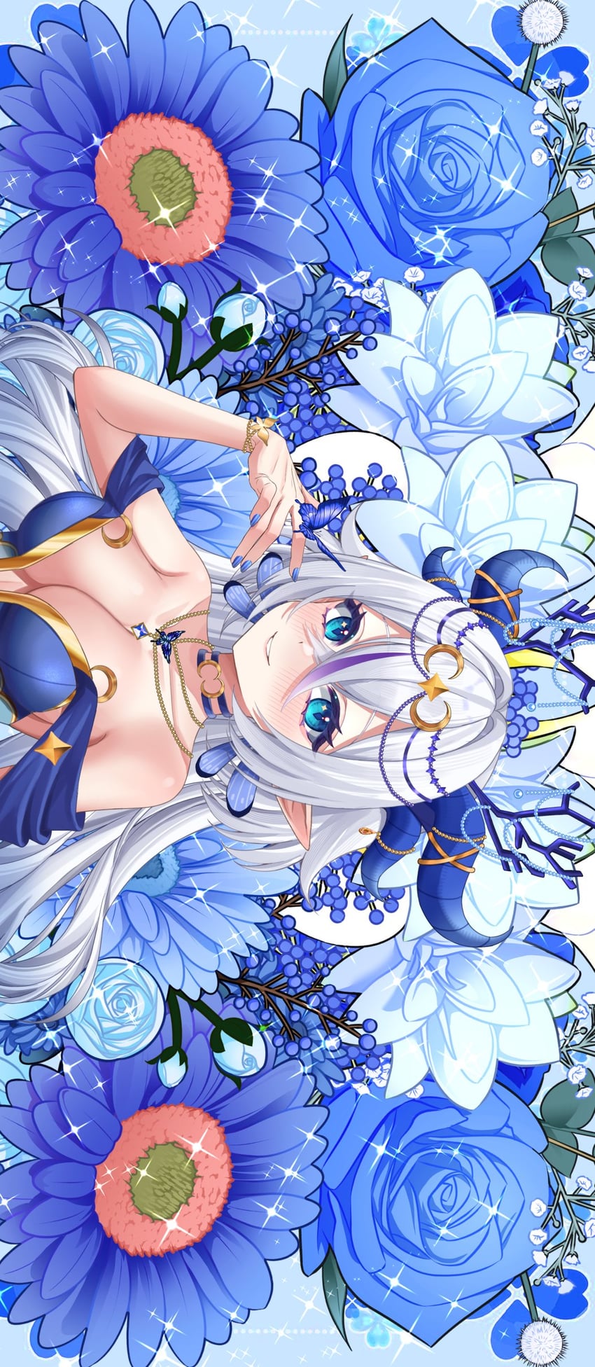 二次元插画 1名女孩 蓝眼 蓝花 蓝角 蓝色指甲