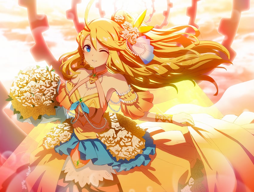 怪物弹珠 1名女孩 呆毛 臂部丝带 金发 花束