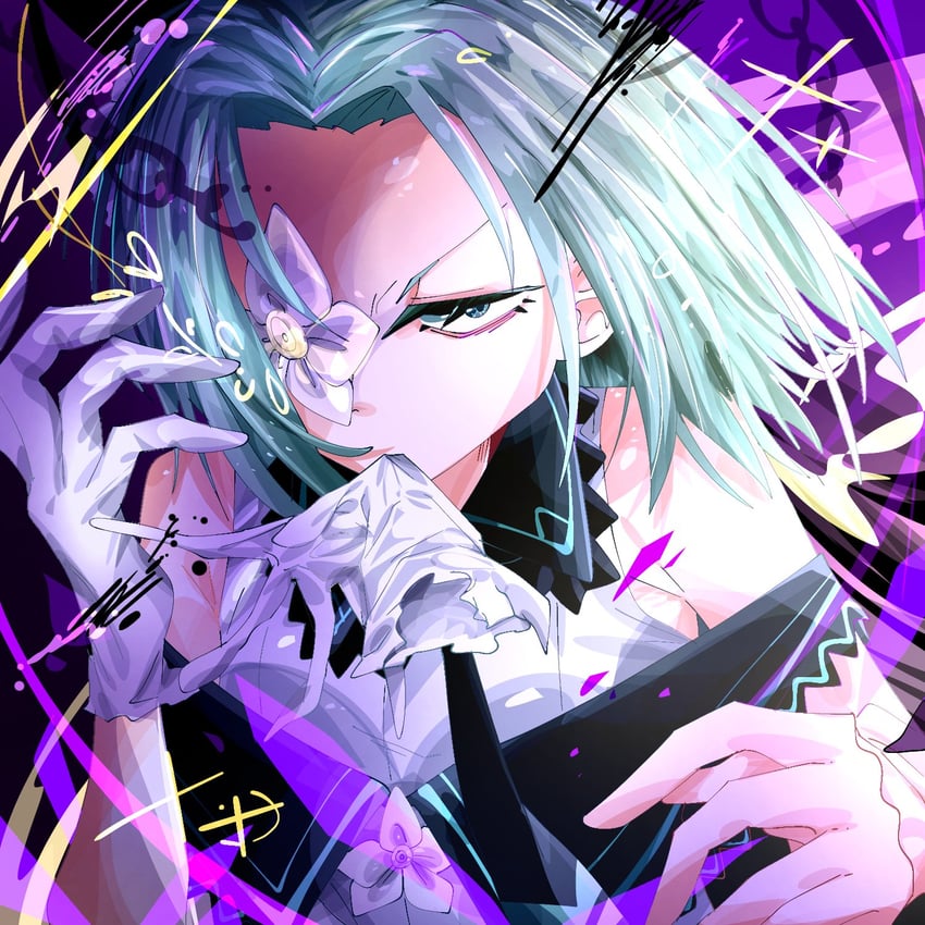 韵律源点 Arcaea、沙耶 (Arcaea) 1名女孩 水色花 露肩 黑色披肩 连衣裙