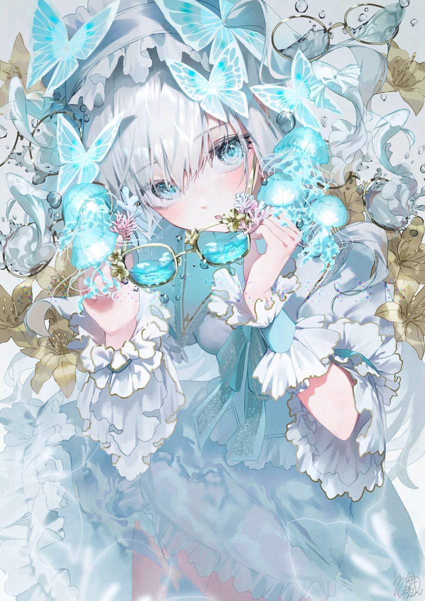 原创 1名女孩 水色瞳 蓝蝴蝶 蓝色丝带 虫子