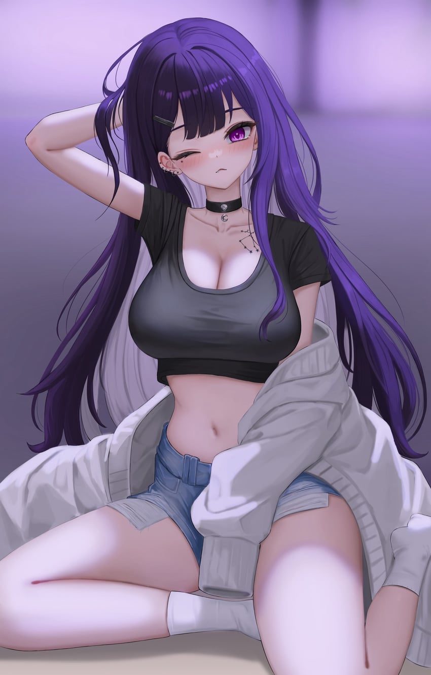 二次元插画 1名女孩 手臂放在侧边 手臂伸出袖子 黑领 黑衬衫