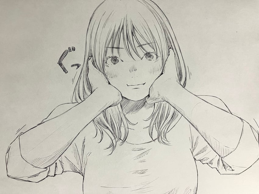原创 1名女孩 闭嘴 灰度 托腮 手捧脸