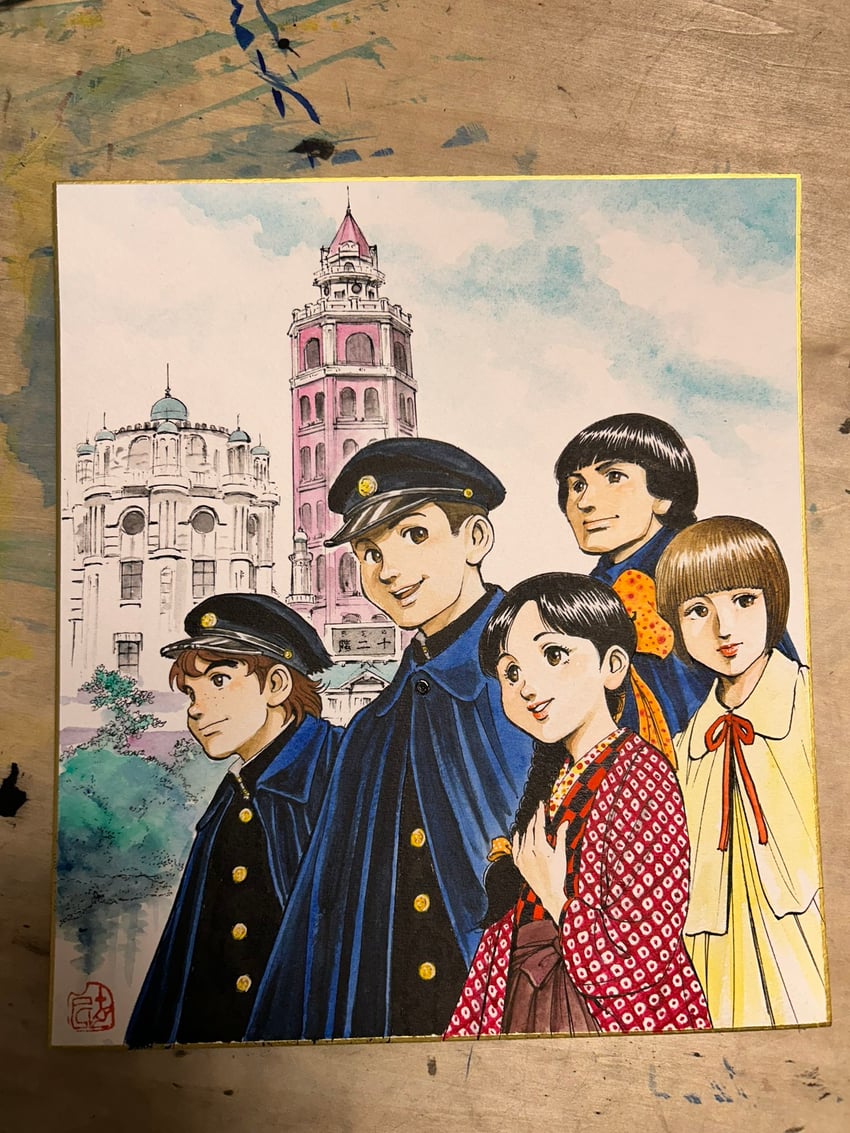 ouzora roman、akabane hiroshi (ouzora roman)、aomi kazuhiko 2名女孩 3个男孩 黑斗篷 黑发 黑帽子