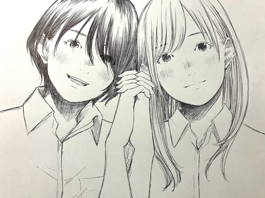 原创 2名女孩 脸红 有领衬衫 眼睛在头发下可见 灰度