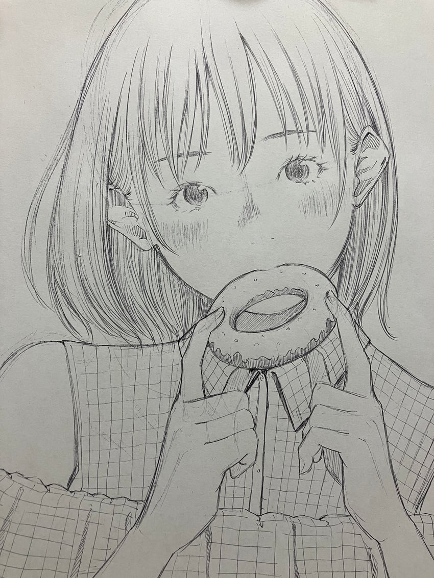 原创 1名女孩 脸红 服装镂空 有领衬衫 甜甜圈