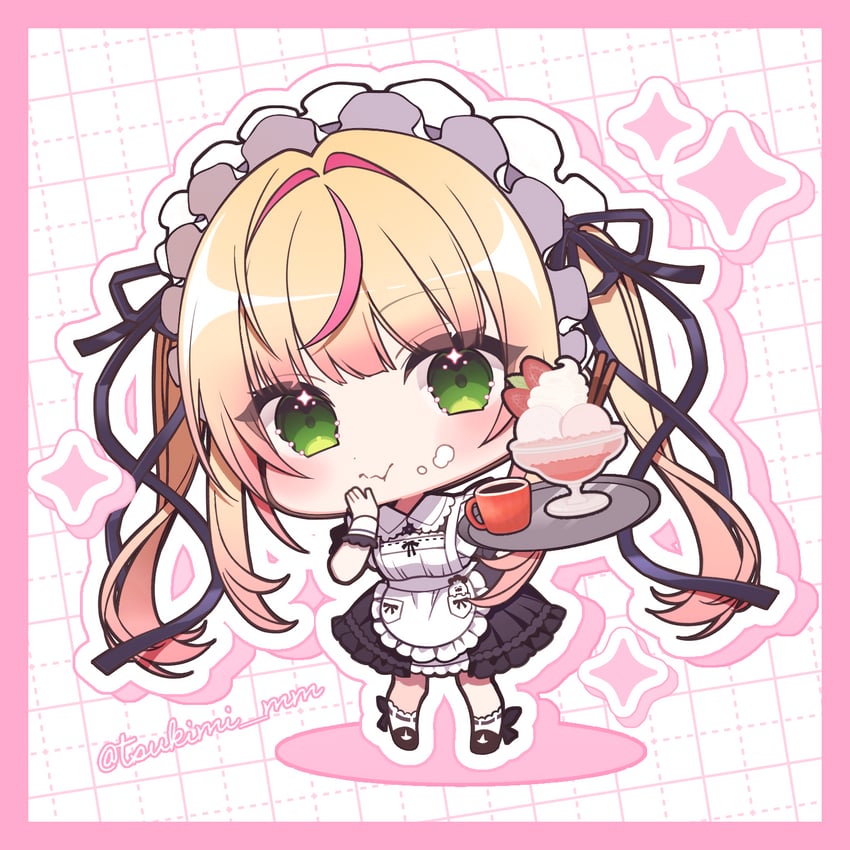 Hololive、桃铃音音、桃铃音音 (女仆) 1名女孩 围裙 黑色连衣裙 黑色丝带 黑鞋