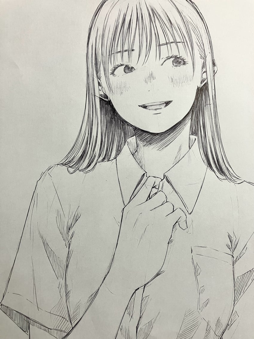 原创 1名女孩 胸袋 有领衬衫 灰度 举手