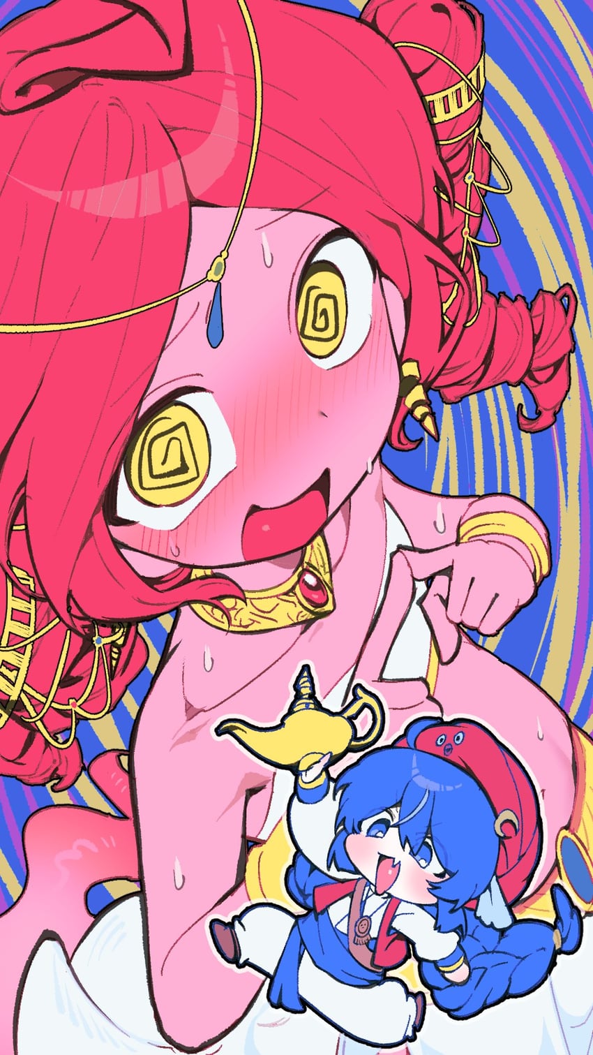 approve please genie(vocaloid)、VOCALOID、重音Teto 2名女孩 @_@ 阿拉伯服饰 宽松裤子 蓝色背景
