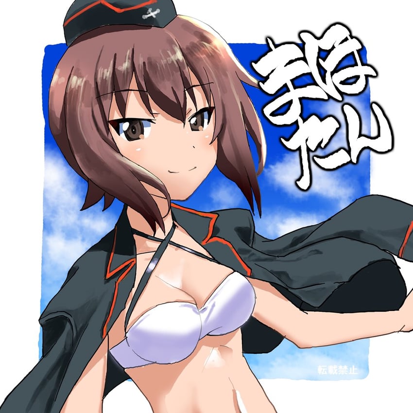 少女与战车 1名女孩 比基尼 黑帽子 黑色夹克 乳房