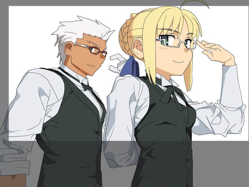 Fate/stay night、Fate系列、Archer (Fate) 1名男孩 1名女孩 黑色马甲 金发 深色皮肤男性
