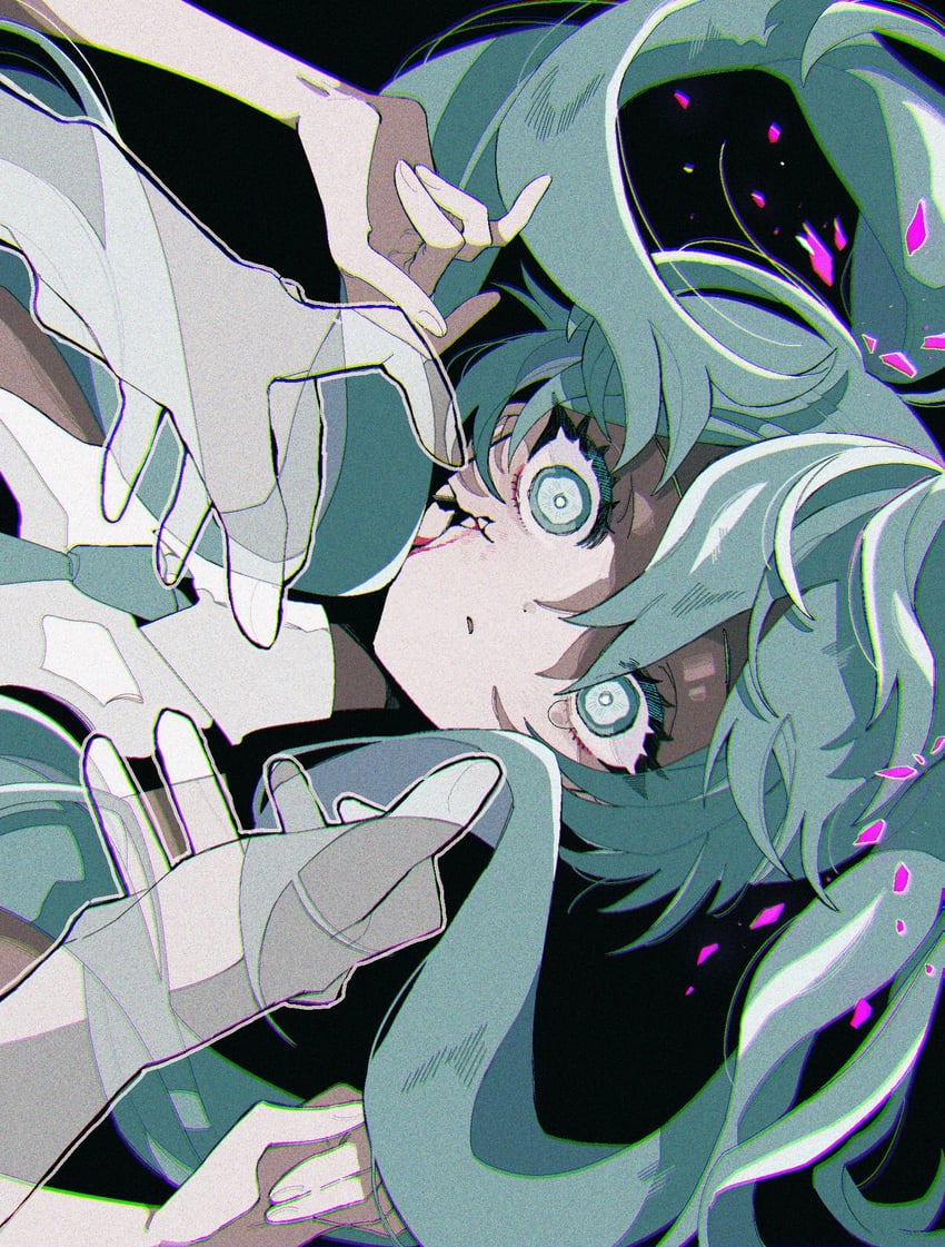 VOCALOID、初音未来 1名女孩 水色瞳 水色发 露肩 黑色背景