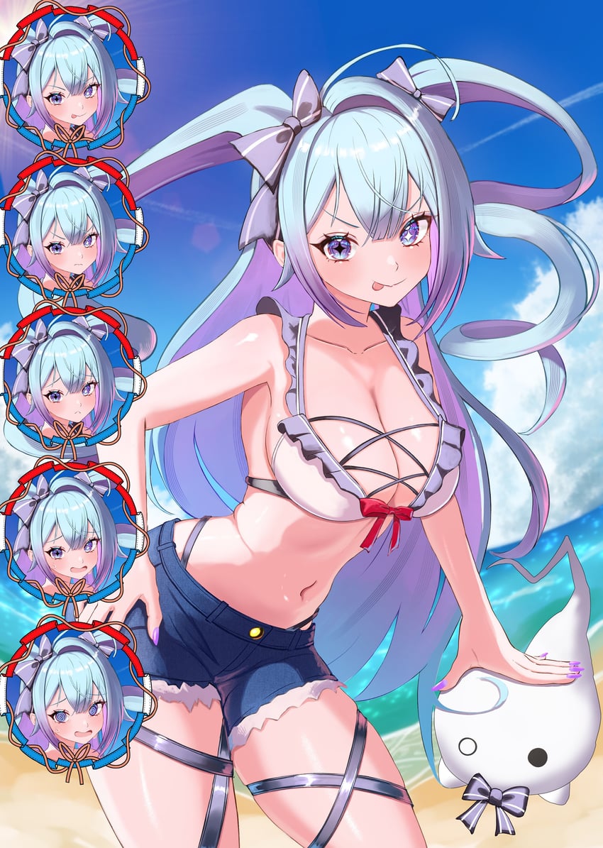 二次元插画 1名女孩 :p @_@ 海滩 比基尼