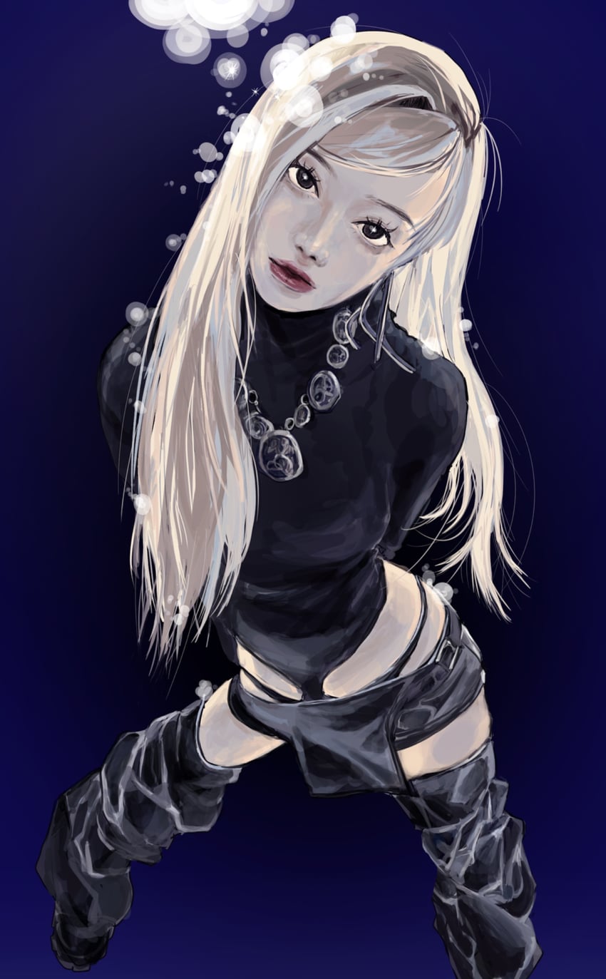 aespa、Winter (aespa) 1名女孩 黑色眼线 黑衬衫 黑色短裤 金发