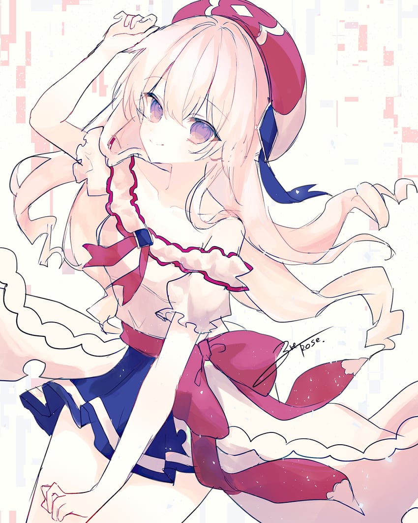 韵律源点 Arcaea、光 (Arcaea)、hikari (summer) (arcaea) 1名女孩 作者名 露肩 贝雷帽 蓝裙子