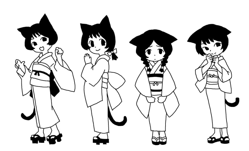 原创 4个女孩 猫脸笑 兽耳 黑发 猫耳