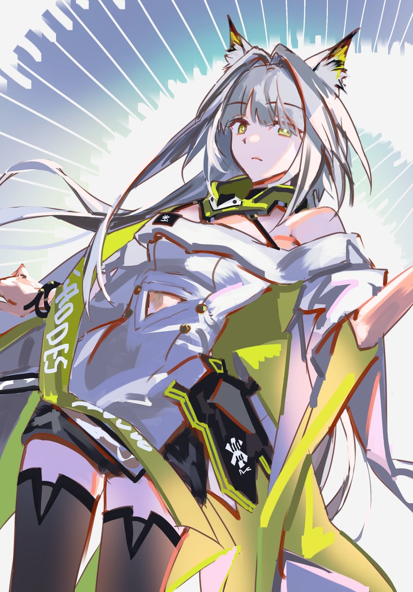 明日方舟、凯尔希 (明日方舟)、凯尔希·艾斯帕兰塔 (明日方舟) 1名女孩 兽耳毛 兽耳 露肩 黑色过膝袜