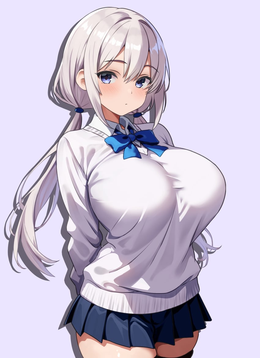 原创 1名女孩 双手背在身后 蓝色蝴蝶结 蓝色领结 蓝眼