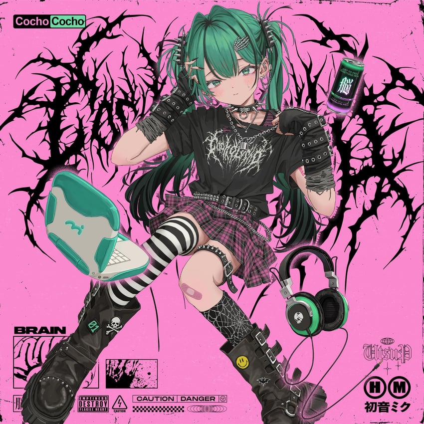 原创、VOCALOID、初音未来 1名女孩 专辑封面 不对称腿部穿着 创可贴 膝盖上的创可贴
