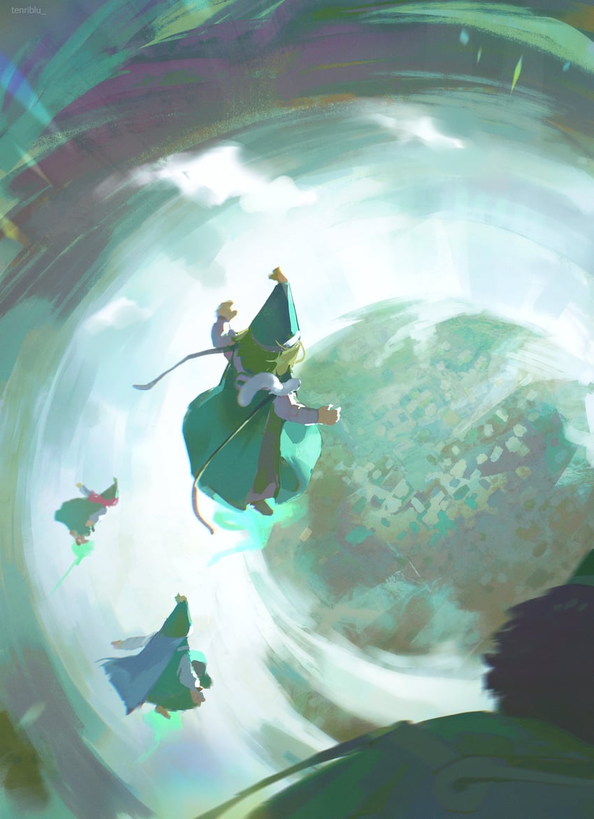 魔法帽的小工坊、可可 (魔法帽的工作室)、莉切 (帄帽子的魔法师工房) 3人女子 水色披风 披风 斗笠/圆锥形帽子 俯视
