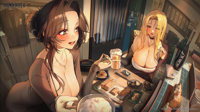 棕色尘埃系列、棕色尘埃2、黛安娜 (魔法革新者) (棕色尘埃) 2名女孩 金发 脸红 乳房 棕眼睛